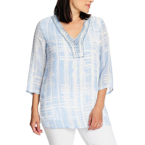 Fig & Vine Top Womens Medium Blue White Tunic 3/4 Sleeve Beaded V-Neck Shirt - Picture 1 of 8